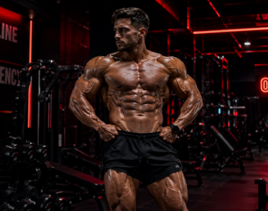 Elite bodybuilder showcasing advanced physique refinement and conditioning in a professional gym.