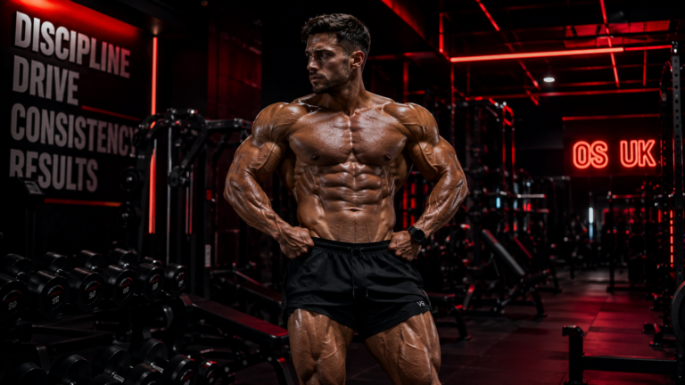 Elite bodybuilder showcasing advanced physique refinement and conditioning in a professional gym.