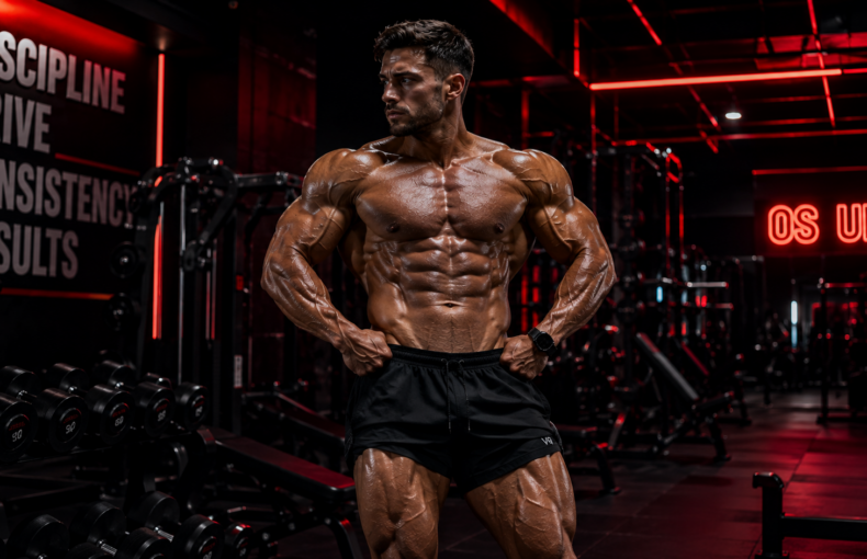 Elite bodybuilder showcasing advanced physique refinement and conditioning in a professional gym.