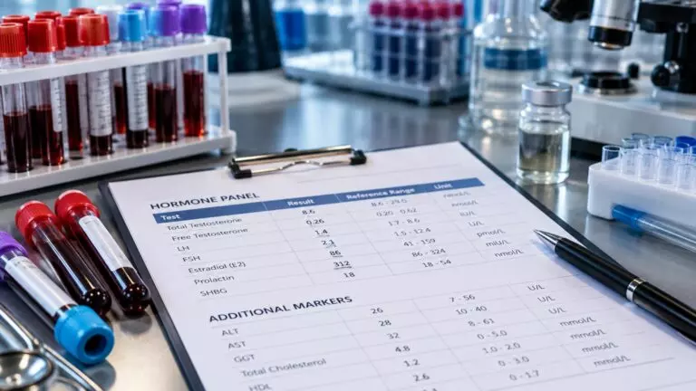 Laboratory blood samples and hormone panel reports representing endocrine testing and hormonal recovery research.
