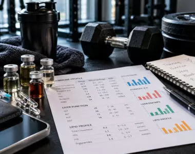 Hormone research and blood test reports representing endocrine function and recovery after anabolic steroid use.