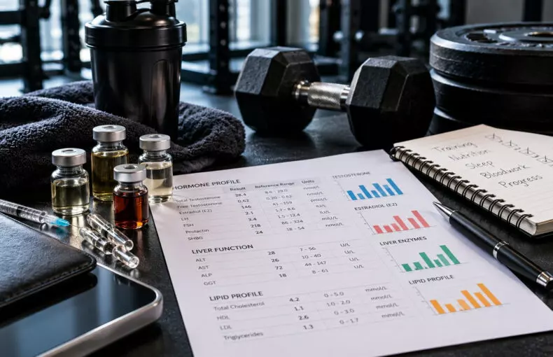 Hormone research and blood test reports representing endocrine function and recovery after anabolic steroid use.