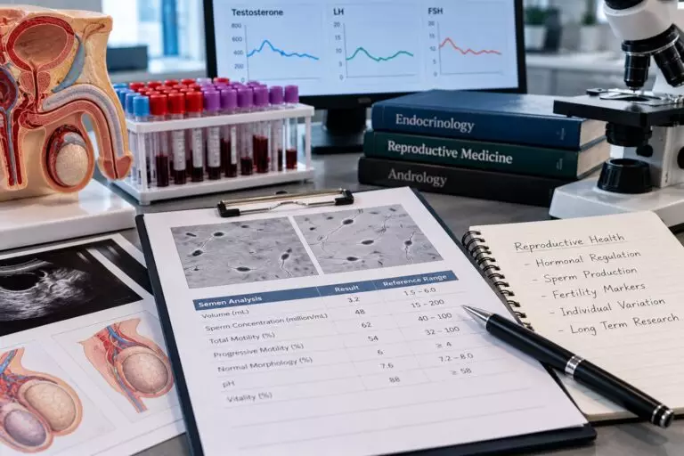 Medical research materials illustrating hormonal regulation, sperm production and male fertility.